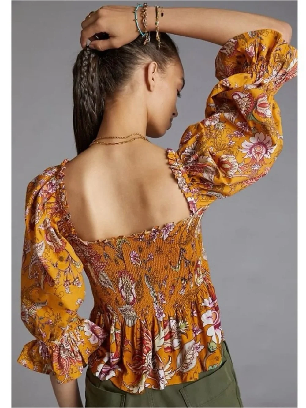 Anthropolgie Smocked Sweetheart Floral Blouse Large